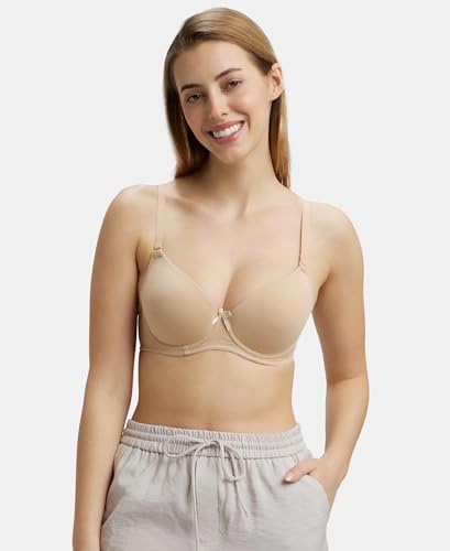 Image of Jockey 1245 Women's Under-Wired Padded Super Combed Cotton Elastane Stretch Medium Coverage Multiway Styling T-Shirt Bra with Detachable Straps