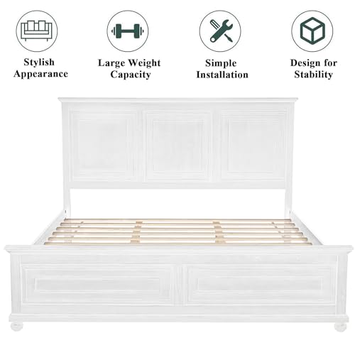 Mirightone Farmhouse King Size Bed Frame with Tall Headboard & Footboard,Wooden King Bed Frame with Wood Panel Bed Base, No Squeak, No Box Spring Needed, White