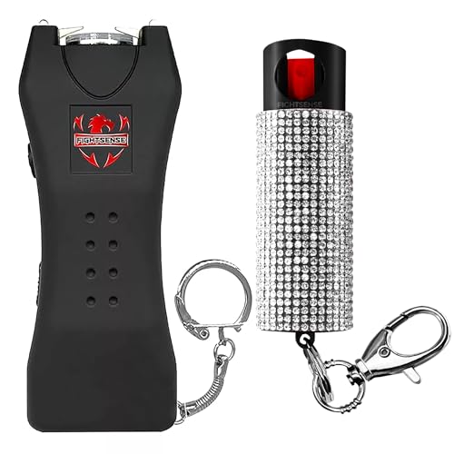 Fightense Pepper Spray and Stun Gun Flashlight, Rechargeable, Self-Defense Keychain for Women, Pepper Spray Stun Gun Combo, Personal Security Value Set, Rechargeable Flashlight, 0.5 fl oz (Black)