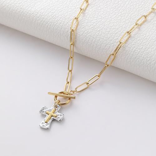 Chunky Hammered Cross Necklace for Women Men - Mixed Metal Religious Christian Statement Cross Pendant Jewelry Gift for Her4