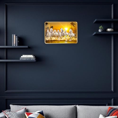 Image of Dharvika Innovations 7 Running Horses Photo Frame, Ultra High Gloss Lamination, Vastu Painting for Living Room, Office, 12x18 Inch (Design 11)