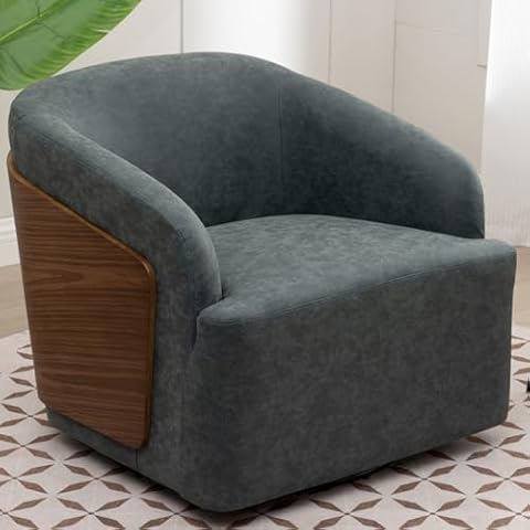 BALIAA Swivel Accent Chair Faux Leather Swivel Barrel Chair Comfortable Mid Century Modern Chair Upholstered Metal Base Armchair for Living Room Bedroom Office Large Blue Cover