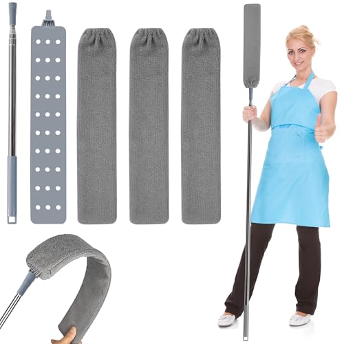 Plumero Telescópico con Cepillos de Microfibra, Cepillo Limpieza de Polvo Flexible, Atrapapolvo con Varilla de Acero Inoxidable, 3 Capuchas Lavable, para Debajo del Sofá Cama, Muebles, Piso
