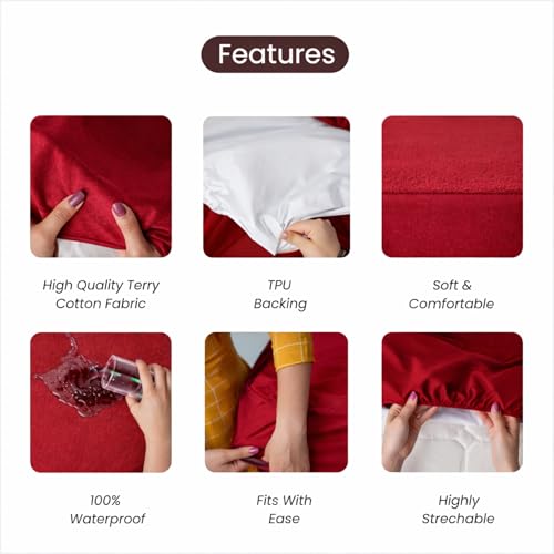 Image of Mattress Protector King Size, Terry Cotton Waterproof Bed Protector King Size, 78x72x8 Inch, Breathable Noiseless Ultra Soft, Elastic Fitted Mattress Cover | Bed Cover (Red)
