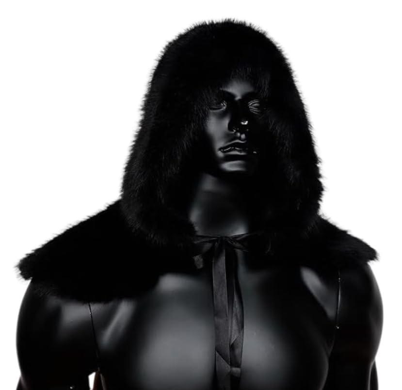 Viking Faux Fur Shawl Medieval King Fur Collar Shoulder Wrap Halloween Hooded Cloak Cape Vintage Hooded Short Warrior Cape Renaissance Witch Werewolf Costume Halloween Accessory - Image 4