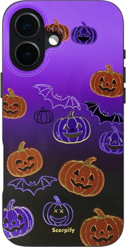 Coque iPhone 16 aimantée paillettes rose et orange avec motif citrouille