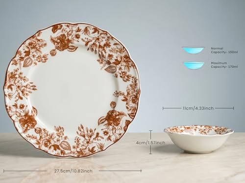 Image of Bodhi House Porcelain Dinner Set 14 Pieces - Brown Leaf White Dinnerware Set | 6 Dinner Plates, 6 Katori Bowls, 2 Serving Bowls | Premium Crockery Set for Dining, Kitchen & Gifting