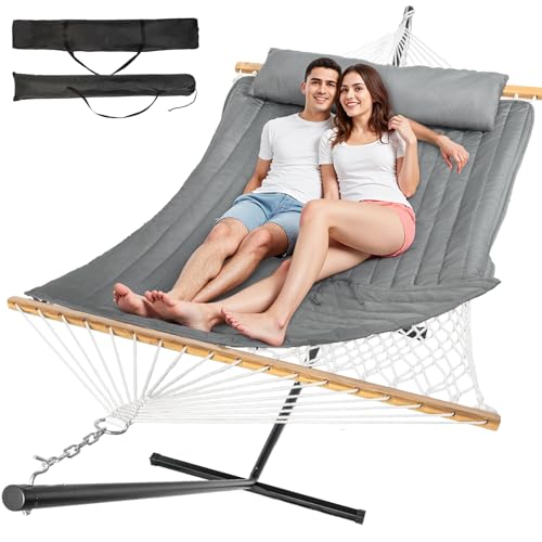 Image of Everyfun 2 Person Outdoor Hammock with Stand, Cotton Rope Hammock with Polyester Pad, Adjustable Steel Frame, Portable with Carrying Bag - for Patio, Backyard, Garden, Beach,Dark-Gray
