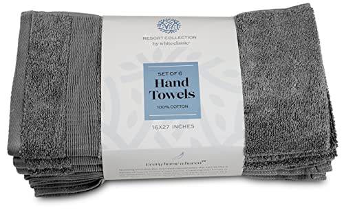 White Classic Resort Collection Soft Hand Towels | 16X27 Luxury Hotel Plush & Absorbent Cotton Hand Towel [6 Pack, Smoke Grey] #TOP6