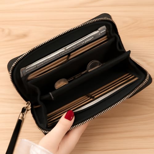 Women Wallet Leather Zip Around Phone Clutch Large Capacity Ladies Travel Purse Wristlet (Black)2