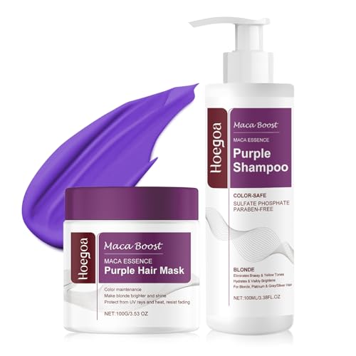 Champú Morado y Mascarilla Violeta,Mascarilla Pelo Capilar Morada con Maca Power,Neutraliza el Amarillo y Repara el Cabello Teñido Para Cabello Rubio, Gris y Blanco