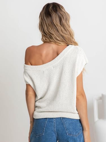 Balimtoy Women Off One Shoulder Crochet Sweater Top Asymmetrical Short Sleeve Loose Going Out Tops Casual Knit Tshirt4