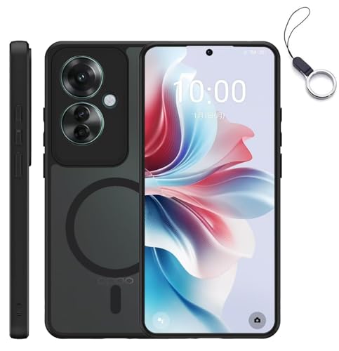 OPPO Reno11 A ケースマット感 半透明 MagSafe対応 マグネット搭載 マグセーフ対応 オッポ リノ 11A カバー 全面保護 耐衝撃 レンズ保護 薄型 軽量 指紋防止 黄ばみなし ストラップホール おっぽ oppo ネノ11A(ブラック)