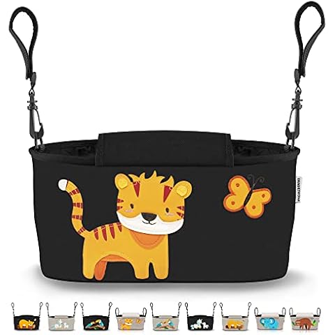 GRINSEZWERGE Kinderwagen Organizer 12 Motive mit Feuchttuchspender I Kinderwagen Tasche Schultergurt I Kinder Buggy Organizer I Kinderwagentasche Aufbewahrungstasche Baby Stroller Bag schwarz Tiger Cover