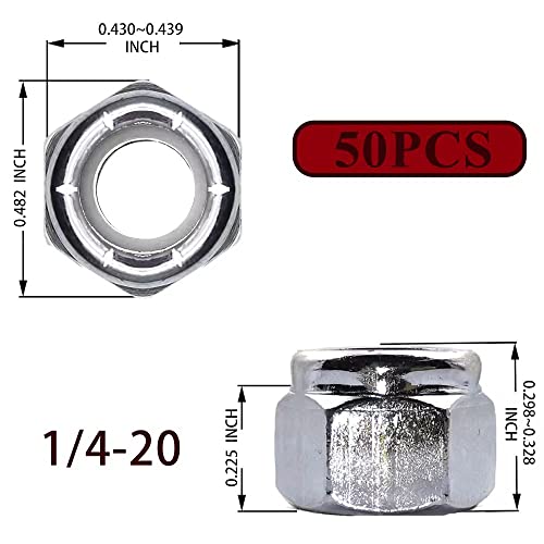 50Pcs 1/4-20 Nylon Insert Lock Nuts Hex Lock Nuts Carbon Steel Galvanized Finish Comrun #TOP1