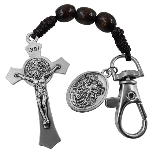 Image of TALISMAN4U Catholic Rosary Keychain for Car St Benedict Cross Saint Michael Guardian Angel Medal Pocket Rosary Key Chain Religious Accessory Wood Beads