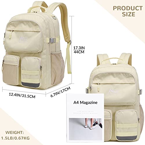 El-Fmly Big School Backpack Bookbag For Teen Students, Multi Pockets Water Resistant Casual Daypack With 15.6 Inch Laptop Pocket For Travel (Beige) #TOP1