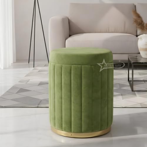 Image of Round Strip Stool with Cushion Foot Rest Office Stool Pouf Ottoman Padded Seat in Living Room (Pista Green)