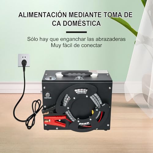 TUXING 4500Psi Pcp Air Compressor, Built-in Converter/Water-Oil Filter,Auto Stop, Unique Vertical+Wire Spool Portable Design, Powered by Car 12V DC or Home 110V AC for Paintball/Scuba Tank - Thumbnail 3