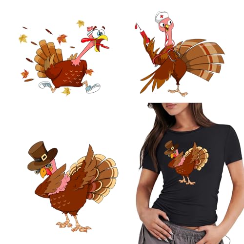 Thanksgiving Iron on Transfers Patches Cute Cartoon Turkey Heat Transfer Vinyl Stickers Patches 3 Pcs Fall Iron on Decals for T-Shirts Jacket Pillow Clothes Hoodies Fabric Supplies