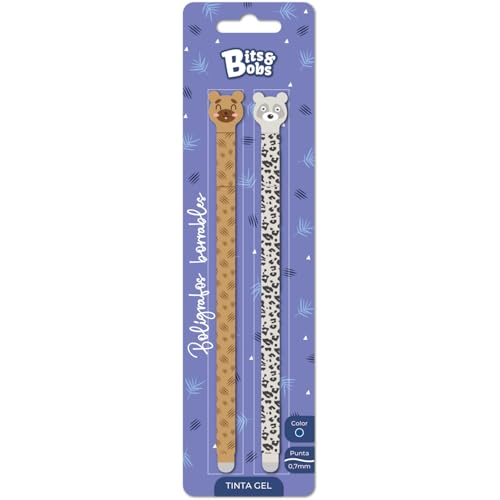 Grafoplas - Conjunto escolar de 2 Bolis apagáveis com tampa tinta de gel azul, Bits&Bobs animais urso leopardo, permite substituição, inclui borracha, escrita limpa sem manchas, material escolar e
