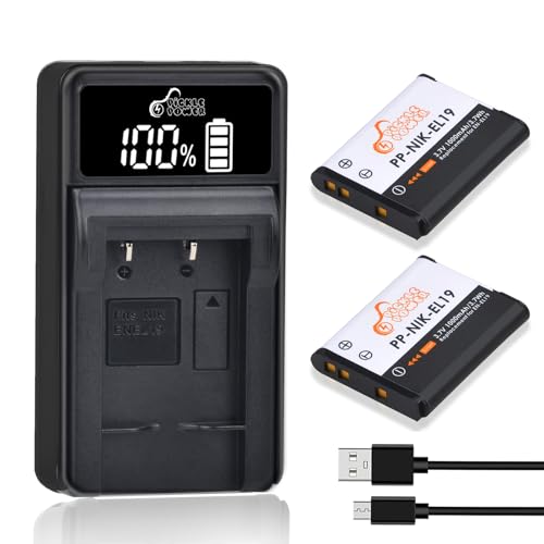 Pickle Power EN-EL19 NP-BJ1 Battery and LED USB Charger Compatible with Nikon Coolpix S32 S33 S100 S2800 S3100 S3200 S3300 S3500 S3600 S3700 S4100 S4200 S4300 S5200 S5300 S6500 S6600 S6800 S6900 S7000