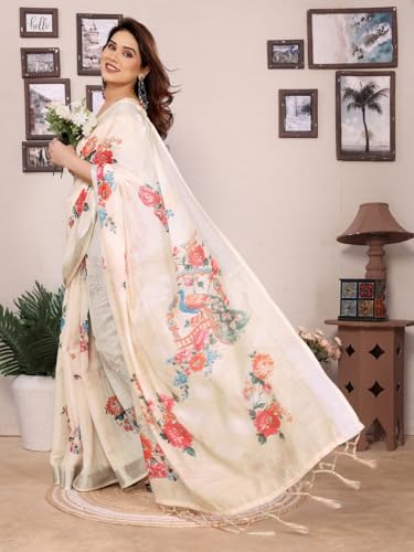 Image of Women's Zari Border Cotton Linen Printed Saree with Blouse