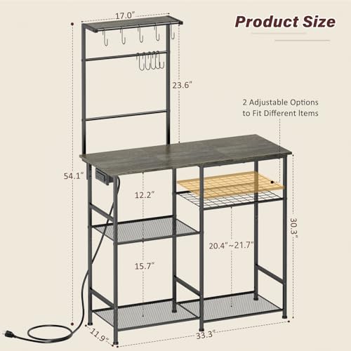 3IngSeagulls Bakers Rack with Power Outlet, Kitchen Microwave Stand with 10 S-shaped Hooks, 6-Tier Coffee Bar Station, Kitchen Storage Shelf Rack for Spices, Pots, Gray - view 1