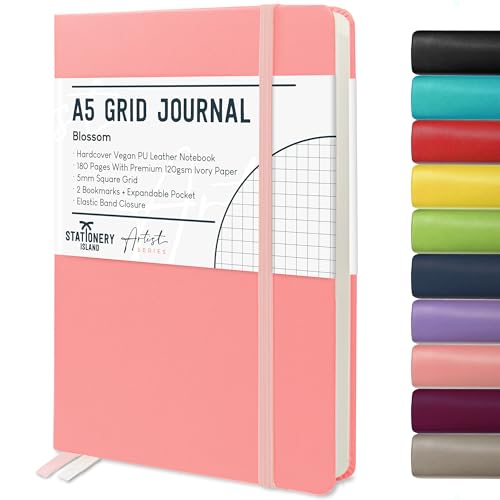 STATIONERY ISLAND A5 Squared Notebook Graph Paper Notebook with 120gsm Premium Thick Paper 180 Pages Hardback Grid Notebook for Planning Diary Journaling