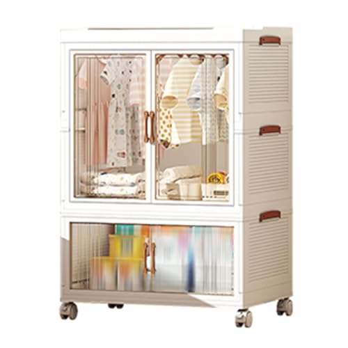 Armario Ropero Infantil con Puertas Transparentes Armario Infantil Plegable con Barra para Colgar Armario De Plástico con Ruedas Armario De Almacenaje De Pie para El Dormitorio Sala De Estar