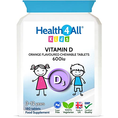 Kids Vitamin D3 600iu Chewable 180 Tablets. Sugar Free. Natural Orange Flavour. Made by Health4All UK