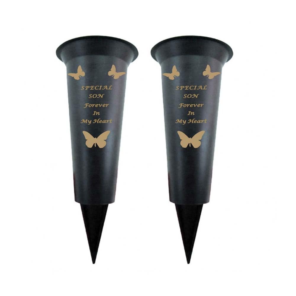 Memorial Grave Vases Ornaments Black Plastic Flower Holders - Butterfly Spike Grave Flower Vases with Funeral Verses for Your Loved Ones - Pack of 2 (Son - Pack of 2)