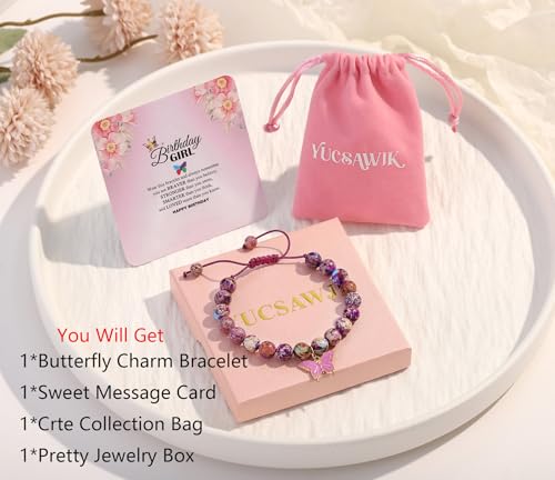 Birthday Bracelet for 6-18 Years Old, Purple Natural Stone Butterfly Charm Bracelet, Gift for Daughter Granddaughter Niece Niece Teenage Girl Holiday Bracelet Gift4