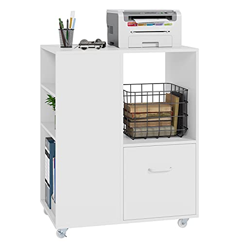 Wood Mobile File Cabinet with Drawer, Large Lateral Filing Cabinet for Letter Size, Office Cart with Rolling Wheels and Storage Shelves, Printer Stand for Home Office, White