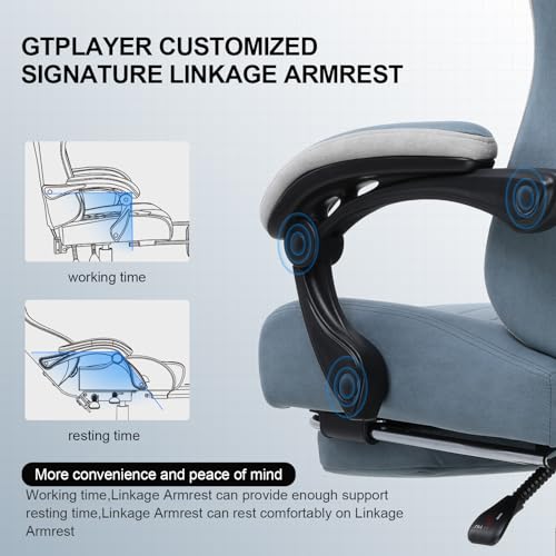 Sedia da gaming, ergonomica, da scrivania, con superficie in tessuto, cuscino a molla, braccioli di collegamento e poggiapiedi, Azzurro - Sedia gaming - Immagine 5