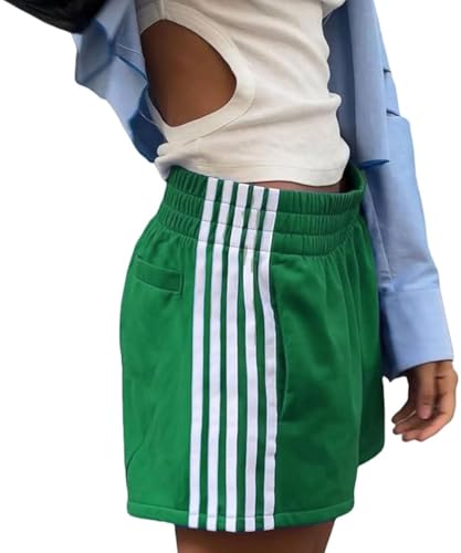 ABINGOO Women Athletic Sweat Shorts Side-Striped Y2k Summer Elastic Waist Workout Loose Wide Leg Lounge Shorts with Pockets(Green,S)