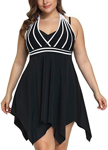 Hanna Nikole Tankini Swimsuits for Women Plus Size Two Piece Bathing Suits Swim Dress with Boy Shorts Black-Updated Cups 28W
