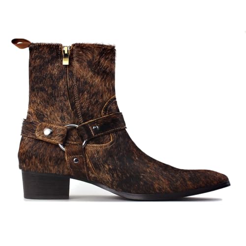 OSSTONE Men Chelsea Ankle Boots Leather Pony Hair Chukka Boots with Side Zipper Heel Dress Boots OS-JY021-B-R Natural Brown4
