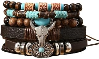 Men’s 5-Piece Stacked Bracelet Set – Leather, Wood Beads & Bull Head Charm, Vintage Western Style