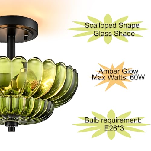 Image of Modern Green Glass Scalloped 3-Light Flush Mount Ceiling Light Black Base | Vintage Ceiling Lights, Close to Ceiling Light, Semi Flush Mount Ceiling Light for Hallway Bedroom Entryway Kitchen