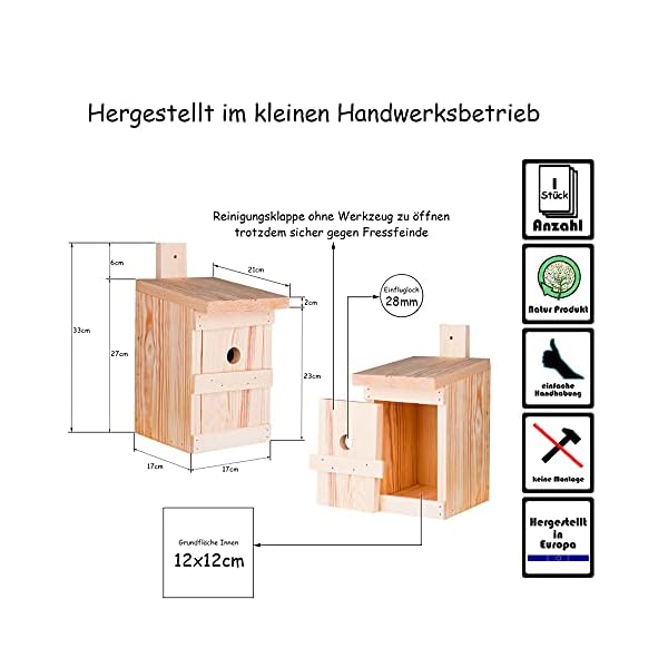 BigDean Nistkasten für Meisen & Kleinvögel - Vogelhaus aus Massivholz - 27x17x17cm - Brutkasten handgemacht in Europa… – Bild 7