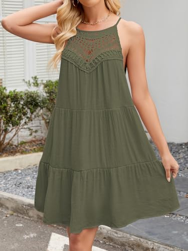Image of FARORO Womens Sleeveless Summer Beach Short Dresses Hollow Out Halter Coverup Casual A Line Sundress with Pockets