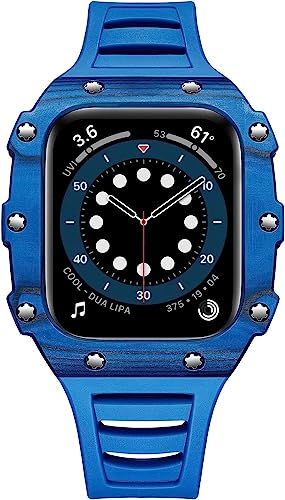 LZVRX Carbon Fiber Mod Kit Rm Watch Case Rubber Bands，For Apple Watch Series 9/8/7 45mm 44mm，Bumper 40mm Shockproof Case Band Watch Accessories for Men Women(Blue Carbon,45mm)
