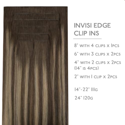 Image of WENNALIFE Invisible Edge Seamless Clip in Hair Extensions Real Human Hair | 22'' 111g 7pcs Balayage Chocolate Brown to Caramel Blonde. Thin PU Weft, Easy, Comfortable Clip in Remy Hair Extensions