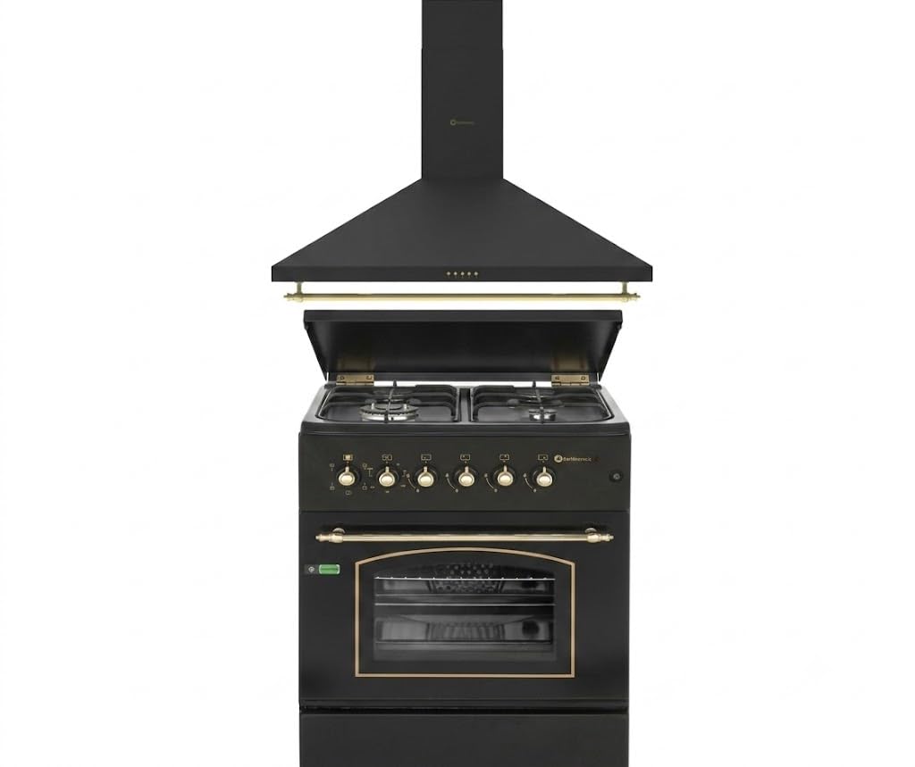 CONJUNTO PACK COCINA A GAS SOLTHERMIC HORNO ELÉCTRICO F6S40E5RB + CAMPANA 60 CM A JUEGO NEGRA RÚSTICA RIBETES DORADOS 350m3/h
