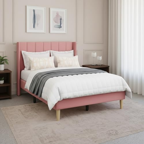 Image of Metal Upholstered Bed Queen Size Without Storage | Wooden Queen Size Cot with Headboard | Double Size Bed for Bedroom | Palang Furniture for Guest Room & Hotels, Pink, (Pink)