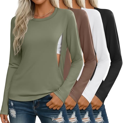 Image of Sweetyweee 4 Pack Women's Nursing Breastfeeding Tops, Long Sleeve Maternity Shirts Loose Fit Hidden Zipper Pregnancy Clothes