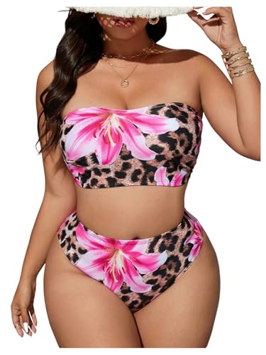 Women's Plus Size Floral Leopard Bandeau Swimsuits High Waisted Bikini Set 2 Piece Bathing Suits