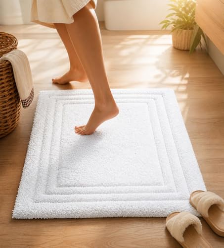 Image of Soft Cotton Linea Design Bath Mat Anti Slip Anti Skid Backing Absorbent Soft Tufted Floor Rug for Bathroom Kitchen Bedroom Pooja Room Home Decor (50X80 CM, White)