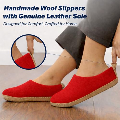 Image of Wool Indoor Slippers - Natural Organic Wool, Genuine Leather Sole, Handmade in Nepal - Cozy, Warm, Soft, Unisex Non-Slip House Shoes for Men & Women - Perfect for Winter Comfort